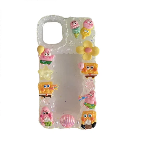 Handmade SpongeBob Decoden Cream Clear-Base Phone Case with Photo Frame for Any Models