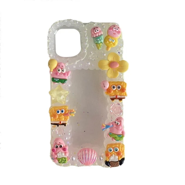 Handmade SpongeBob Decoden Cream Clear-Base Phone Case with Photo Frame for Any Models